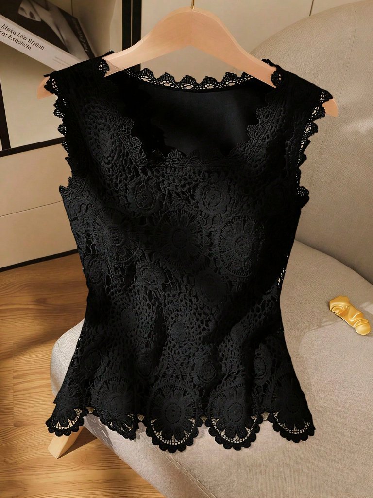 Black Casual Crochet Lace Women's Camisole Top Sleeveless Blouse